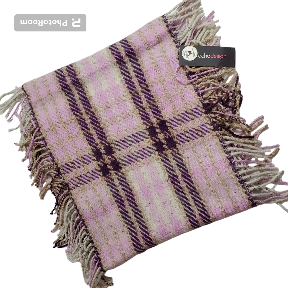 NWT Scarf Lambswool Cashmere Rabbit Hair Blend Fringe Purple Pink Plaid